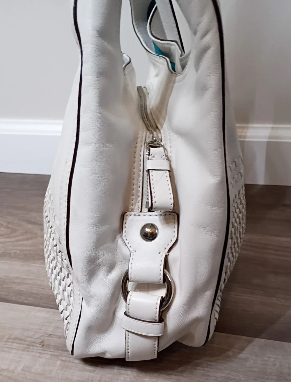Coach Classic‎ Madison Maggie White Woven Leather Zip Top Hobo Shoulder Handbag